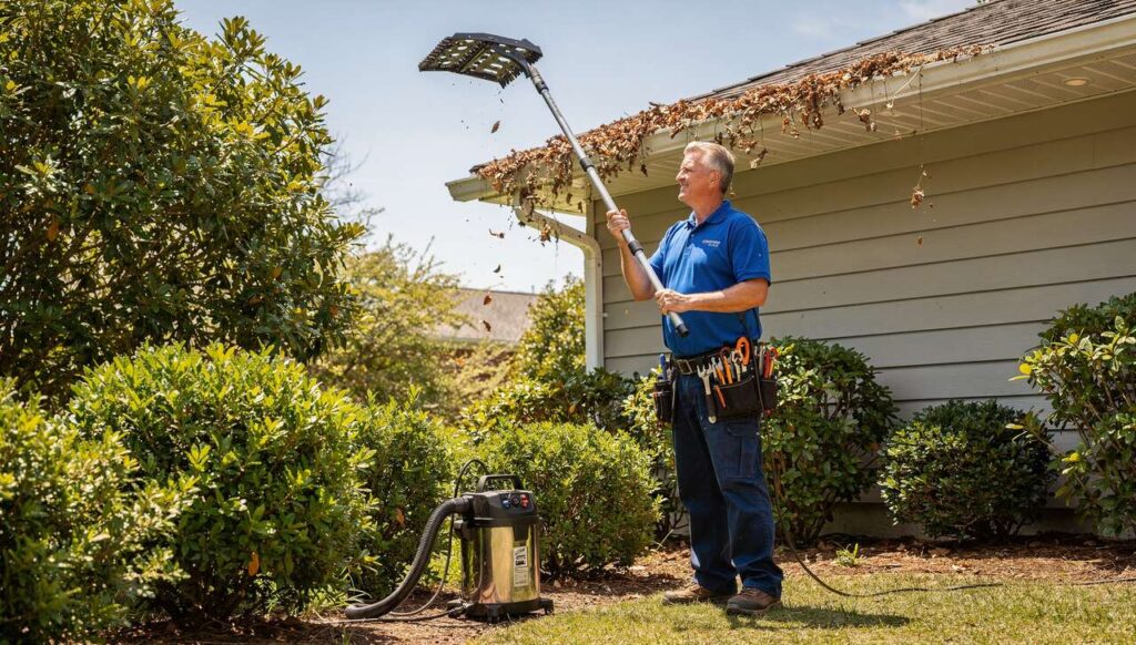 Rynna po zimie zatkana liśćmi: prosty sposób hydraulika na udrożnienie bez drabiny
